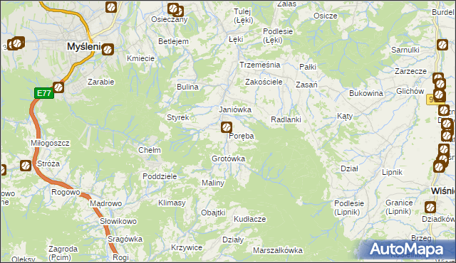 mapa Poręba gmina Myślenice, Poręba gmina Myślenice na mapie Targeo