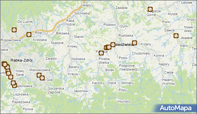 mapa Poręba Wielka gmina Niedźwiedź, Poręba Wielka gmina Niedźwiedź na mapie Targeo