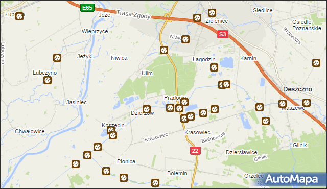 mapa Prądocin gmina Deszczno, Prądocin gmina Deszczno na mapie Targeo