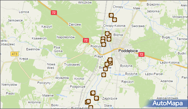 mapa Praga gmina Poddębice, Praga gmina Poddębice na mapie Targeo