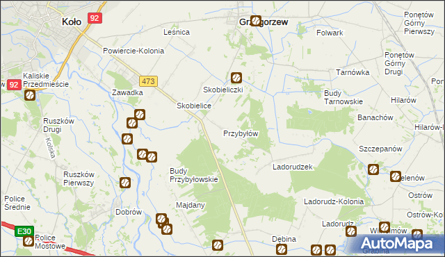 mapa Przybyłów gmina Koło, Przybyłów gmina Koło na mapie Targeo