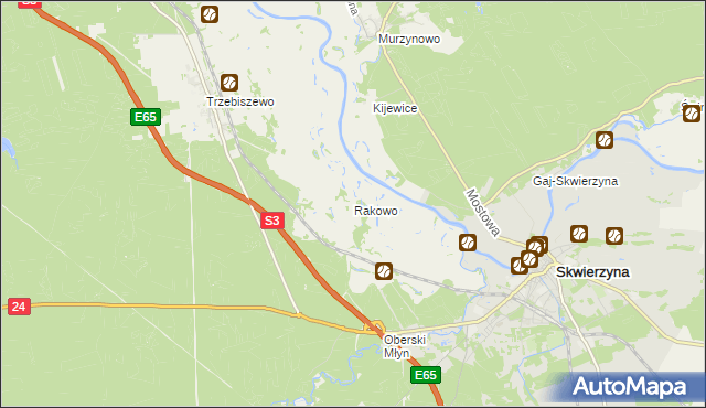 mapa Rakowo gmina Skwierzyna, Rakowo gmina Skwierzyna na mapie Targeo