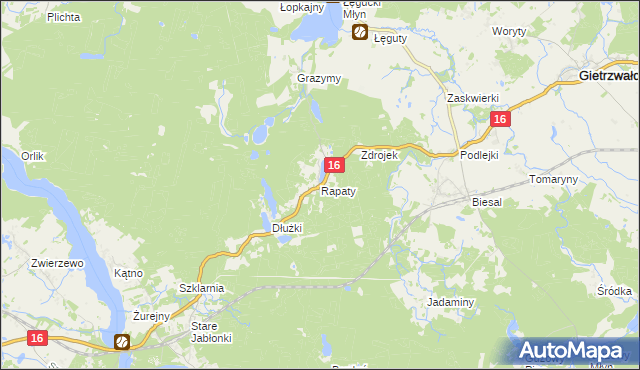 mapa Rapaty gmina Gietrzwałd, Rapaty gmina Gietrzwałd na mapie Targeo