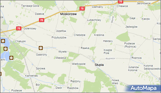 mapa Rawka gmina Słupia, Rawka gmina Słupia na mapie Targeo