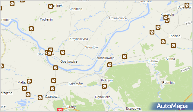mapa Roszkowice gmina Bogdaniec, Roszkowice gmina Bogdaniec na mapie Targeo