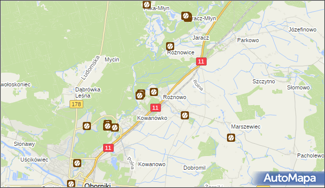 mapa Rożnowo gmina Oborniki, Rożnowo gmina Oborniki na mapie Targeo