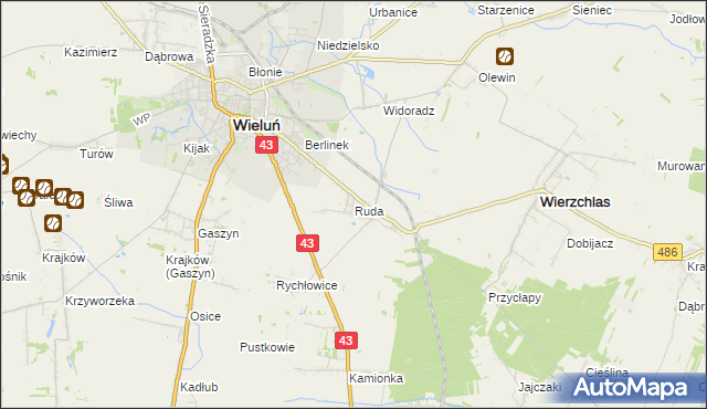 mapa Ruda gmina Wieluń, Ruda gmina Wieluń na mapie Targeo