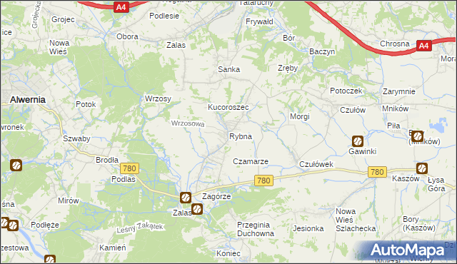 mapa Rybna gmina Czernichów, Rybna gmina Czernichów na mapie Targeo