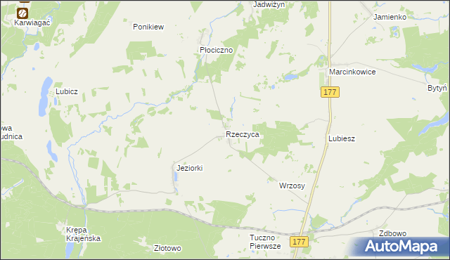 mapa Rzeczyca gmina Tuczno, Rzeczyca gmina Tuczno na mapie Targeo