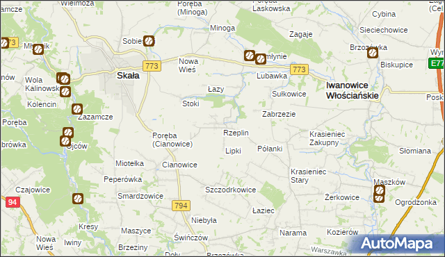 mapa Rzeplin gmina Skała, Rzeplin gmina Skała na mapie Targeo