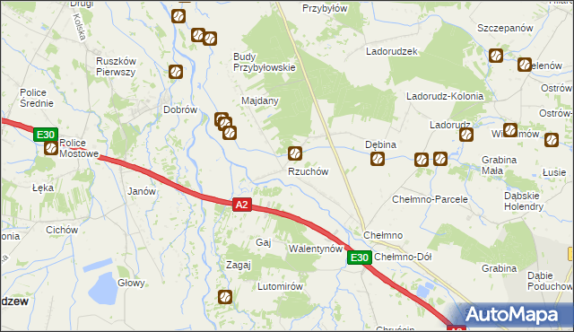 mapa Rzuchów gmina Dąbie, Rzuchów gmina Dąbie na mapie Targeo