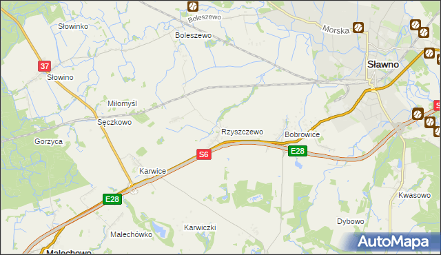 mapa Rzyszczewo gmina Sławno, Rzyszczewo gmina Sławno na mapie Targeo