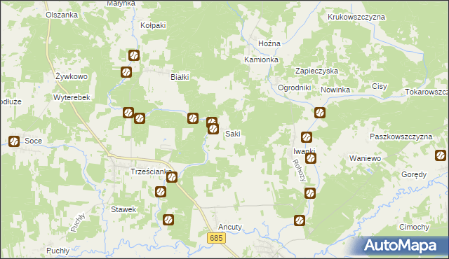 mapa Saki gmina Narew, Saki gmina Narew na mapie Targeo