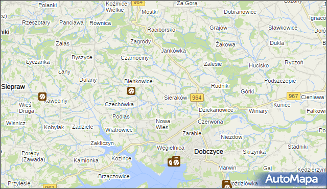 mapa Sieraków gmina Dobczyce, Sieraków gmina Dobczyce na mapie Targeo