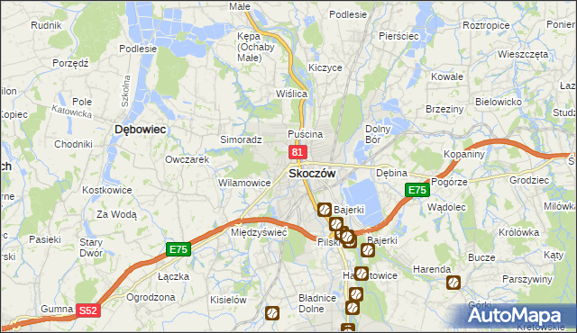 mapa Skoczów powiat cieszyński, Skoczów powiat cieszyński na mapie Targeo