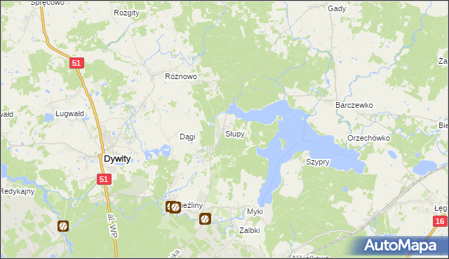 mapa Słupy gmina Dywity, Słupy gmina Dywity na mapie Targeo