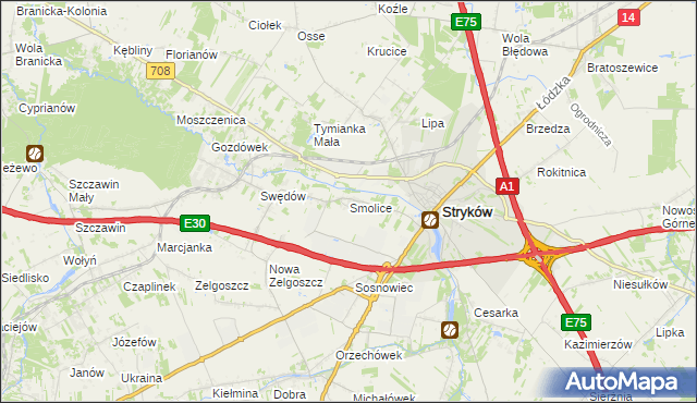 mapa Smolice gmina Stryków, Smolice gmina Stryków na mapie Targeo