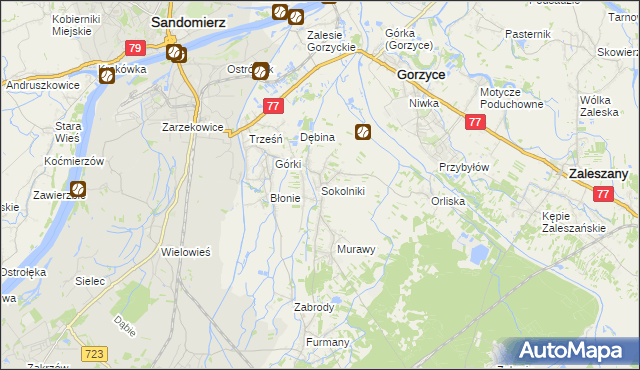 mapa Sokolniki gmina Gorzyce, Sokolniki gmina Gorzyce na mapie Targeo