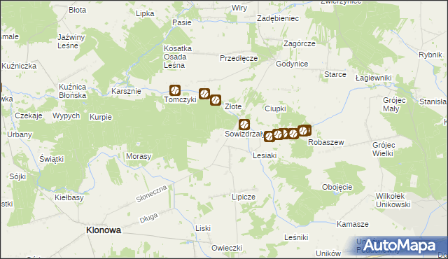 mapa Sowizdrzały gmina Klonowa, Sowizdrzały gmina Klonowa na mapie Targeo