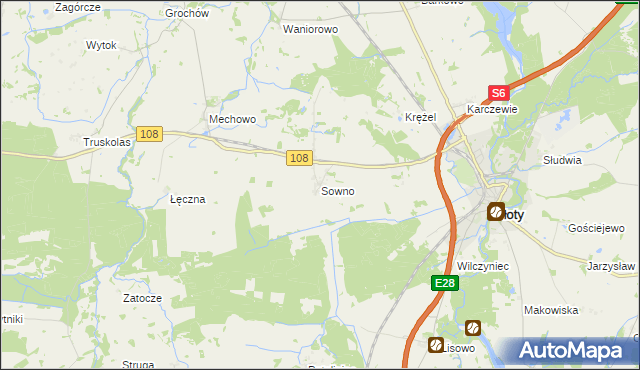 mapa Sowno gmina Płoty, Sowno gmina Płoty na mapie Targeo