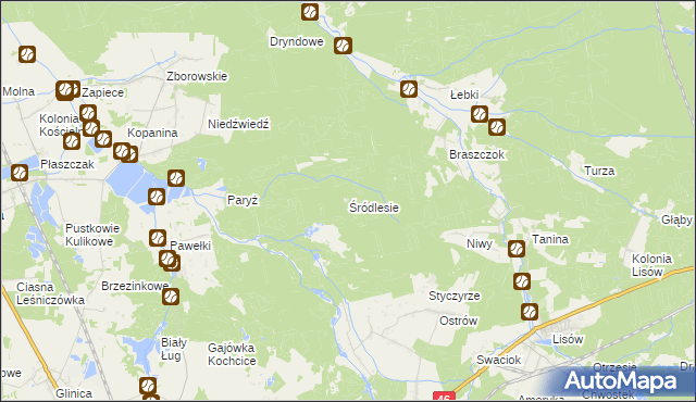 mapa Śródlesie gmina Kochanowice, Śródlesie gmina Kochanowice na mapie Targeo