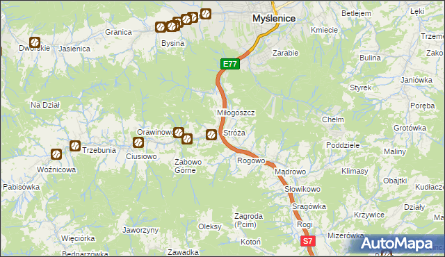 mapa Stróża gmina Pcim, Stróża gmina Pcim na mapie Targeo