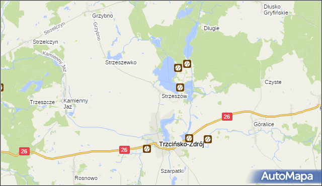 mapa Strzeszów gmina Trzcińsko-Zdrój, Strzeszów gmina Trzcińsko-Zdrój na mapie Targeo