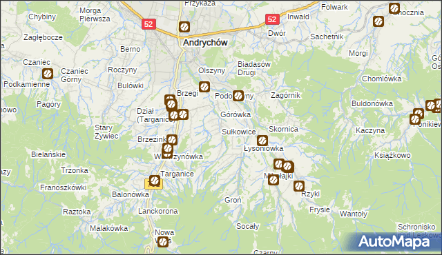 mapa Sułkowice gmina Andrychów, Sułkowice gmina Andrychów na mapie Targeo