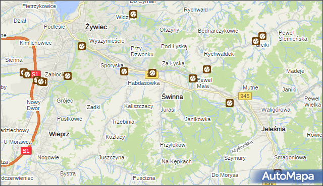 mapa Świnna powiat żywiecki, Świnna powiat żywiecki na mapie Targeo