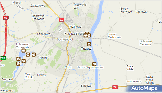 mapa Tczew, Tczew na mapie Targeo