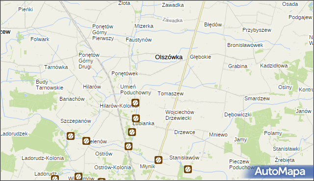 mapa Tomaszew gmina Olszówka, Tomaszew gmina Olszówka na mapie Targeo