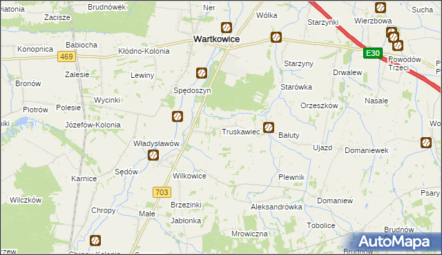 mapa Truskawiec gmina Wartkowice, Truskawiec gmina Wartkowice na mapie Targeo