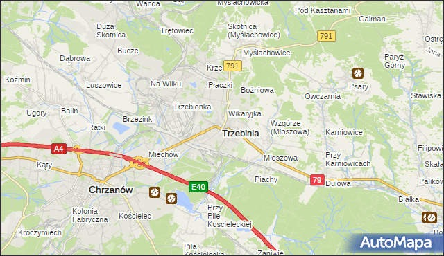 mapa Trzebinia powiat chrzanowski, Trzebinia powiat chrzanowski na mapie Targeo