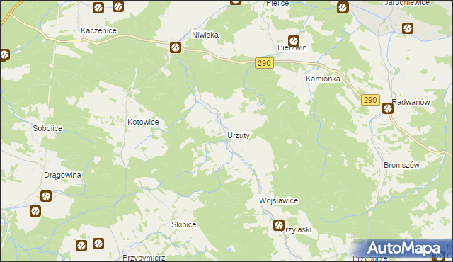 mapa Urzuty gmina Nowogród Bobrzański, Urzuty gmina Nowogród Bobrzański na mapie Targeo