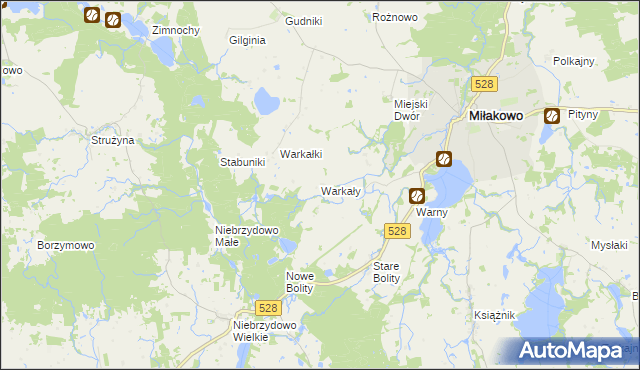 mapa Warkały gmina Miłakowo, Warkały gmina Miłakowo na mapie Targeo