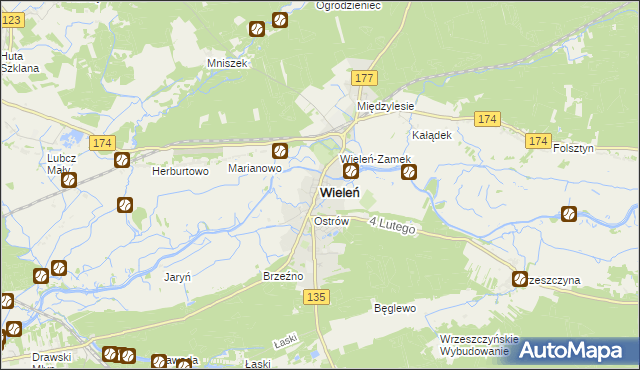 mapa Wieleń powiat czarnkowsko-trzcianecki, Wieleń powiat czarnkowsko-trzcianecki na mapie Targeo