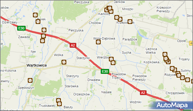 mapa Wierzbowa gmina Wartkowice, Wierzbowa gmina Wartkowice na mapie Targeo