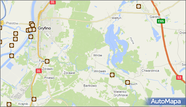 mapa Wirów gmina Gryfino, Wirów gmina Gryfino na mapie Targeo