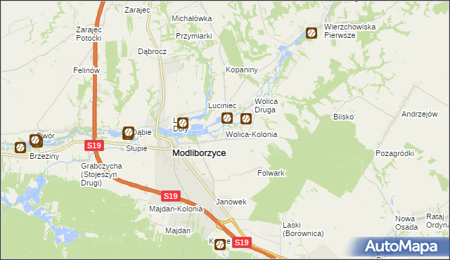 mapa Wolica-Kolonia gmina Modliborzyce, Wolica-Kolonia gmina Modliborzyce na mapie Targeo