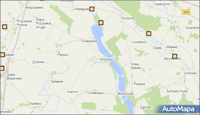 mapa Wonieść gmina Śmigiel, Wonieść gmina Śmigiel na mapie Targeo