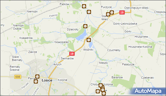 mapa Woźniki gmina Łosice, Woźniki gmina Łosice na mapie Targeo