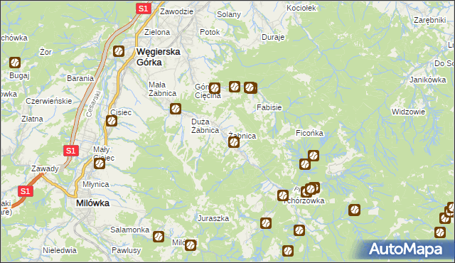 mapa Żabnica gmina Węgierska Górka, Żabnica gmina Węgierska Górka na mapie Targeo