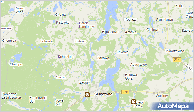 mapa Żakowo gmina Sulęczyno, Żakowo gmina Sulęczyno na mapie Targeo