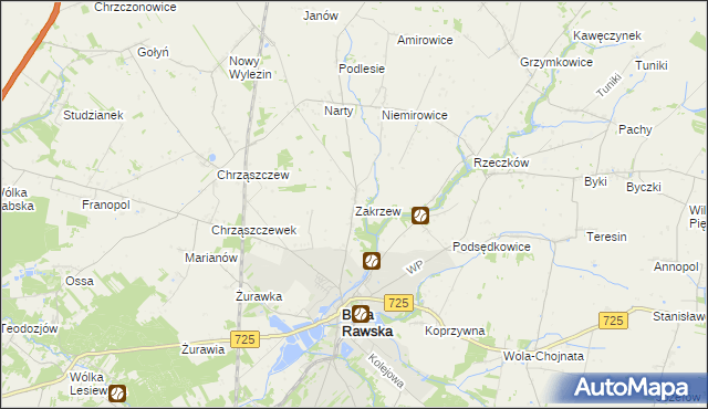 mapa Zakrzew gmina Biała Rawska, Zakrzew gmina Biała Rawska na mapie Targeo