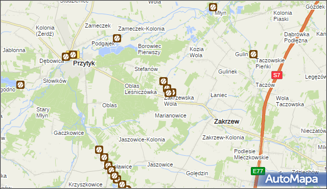 mapa Zakrzewska Wola gmina Zakrzew, Zakrzewska Wola gmina Zakrzew na mapie Targeo