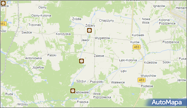 mapa Zalesie gmina Zelów, Zalesie gmina Zelów na mapie Targeo