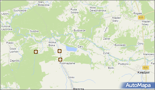 mapa Żary gmina Biszcza, Żary gmina Biszcza na mapie Targeo