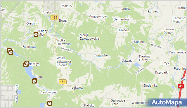 mapa Zawadów gmina Bełchatów, Zawadów gmina Bełchatów na mapie Targeo