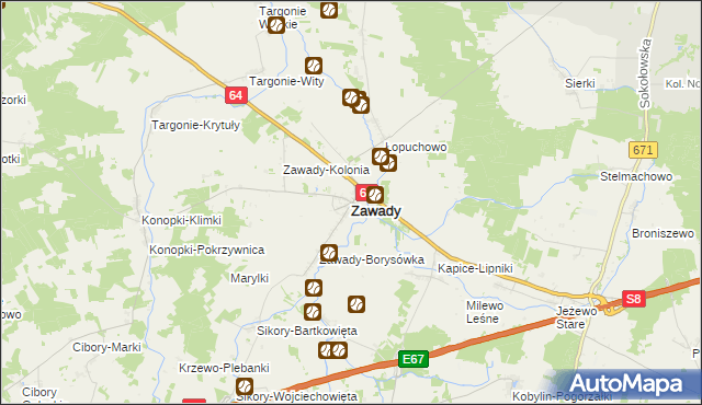 mapa Zawady powiat białostocki, Zawady powiat białostocki na mapie Targeo