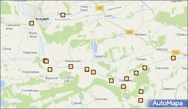 mapa Żelazno gmina Krzywiń, Żelazno gmina Krzywiń na mapie Targeo